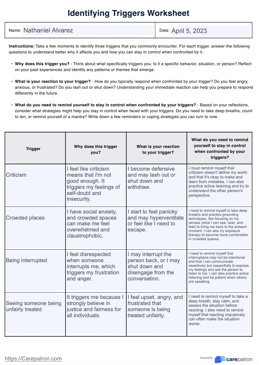 Identifying Triggers Worksheet Example Free PDF Download